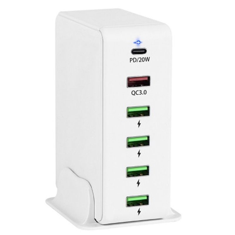 Multi USB C Quick Charge QC3.0 Wall Charger 65W 6 Port Fast Desktop 20W PD Charging Station for Phone, EU Plug