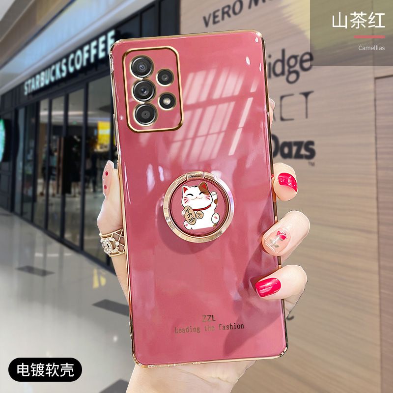 For Samsung Galaxy A72 Cover + Ring Holder Stand Shiny Plating Square Bumper Phone Case Lens Protection Soft Silicone Shockproof Protective Back Cover