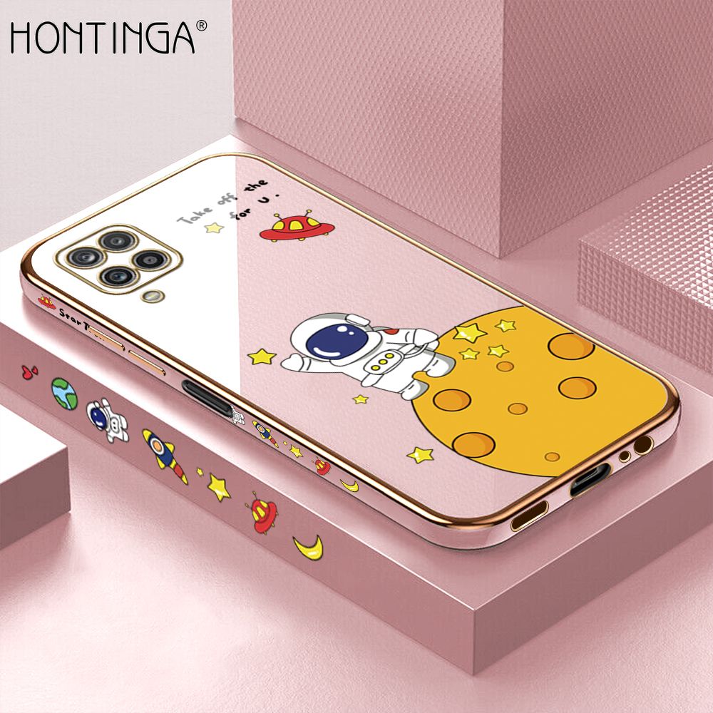 Hontinga for Samsung M12 A12 4G/5G Back Cover + Free Lanyard Luxury 6D Plating Cartoon Lunar Astronaut Side Pattern Case Soft Silicone Square Mobile Cover
