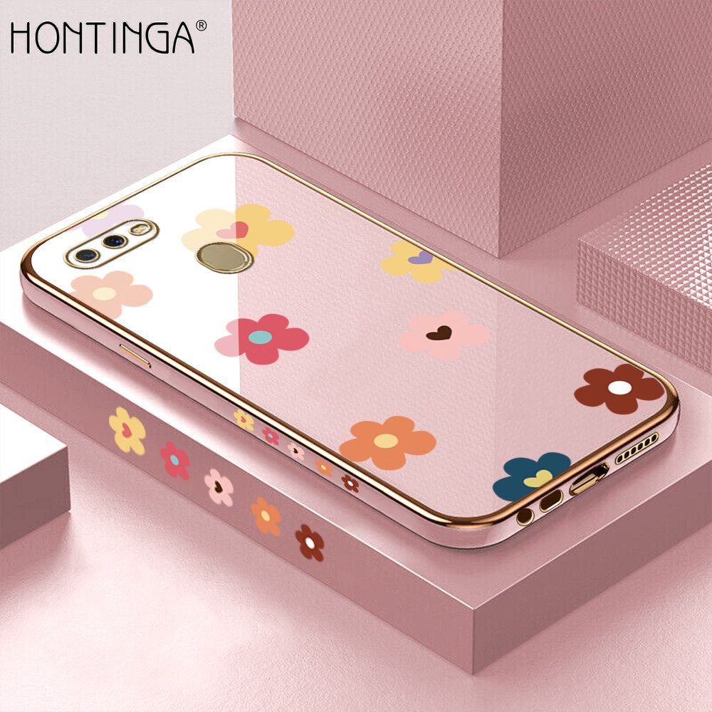 Hontinga for OPPO A5S A7 A12 A12S Back Cover + Free Lanyard Luxury 6D Plating Falling Flower Side Pattern Case Soft Silicone Square Mobile Cover