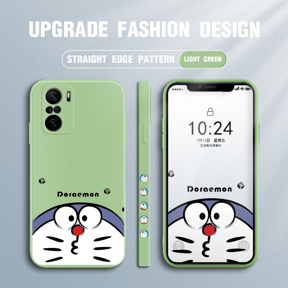Jizetin for Xiaomi Poco F3 / Redmi K40 / K40 Pro Case New Cartoon Doraemon Cat Anime Side Design Phone Case Square Edge Pattern Liquid Silicone Cases Full Cover Camera Shockproof Protective Case