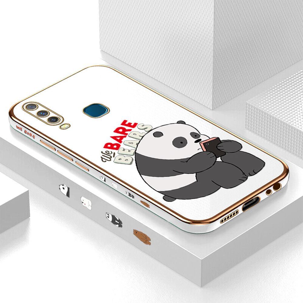 Luxury 6D Plating Case for Vivo Y15 Cartoon Panda Side Pattern Back Cover Soft Silicone Square Frame Shiny Bling Phone Cases + Free Lanyard