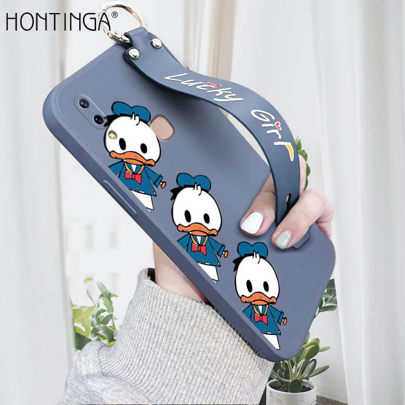 Hontinga for Vivo V9 Wrist Strap Case Cute Cartoon Little Duck Cover Trend Square Printed Pattern Liquid Silicone Phone Case