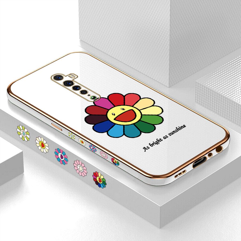 Luxury 6D Plating Case for OPPO Reno 2 Colored Sunflower Side Pattern Back Cover Soft Silicone Square Frame Shiny Bling Phone Cases + Free Lanyard