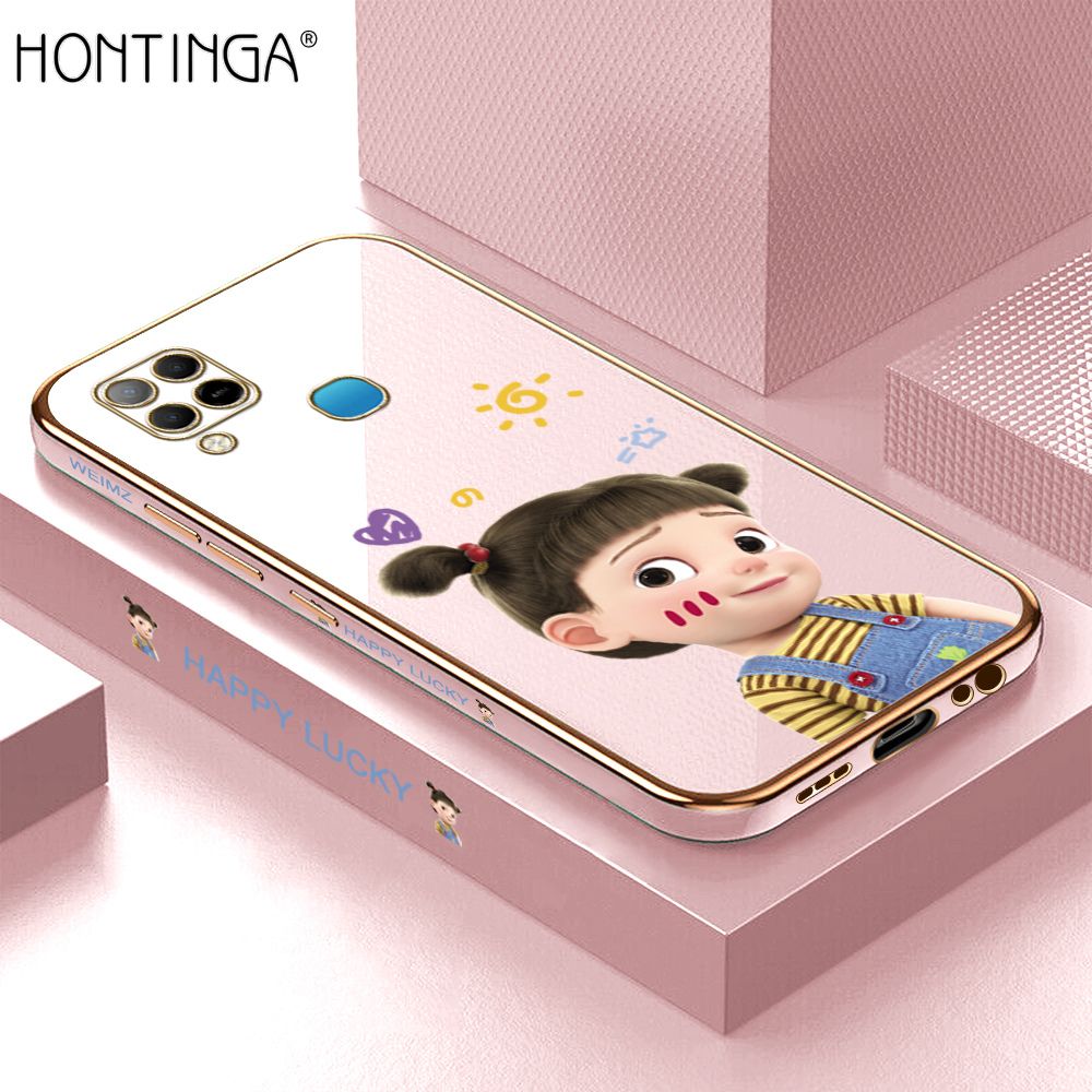 Hontinga for Infinix Hot 10S Back Cover + Free Lanyard Luxury 6D Plating Cute Cartoon Happy Girl Side Pattern Case Soft Silicone Square Phone Cases