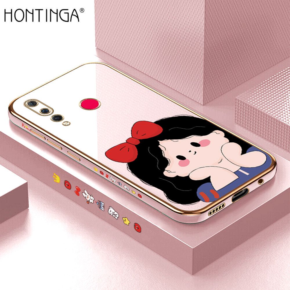 Hontinga for Huawei Nova 4 Back Cover + Free Lanyard Luxury 6D Plating Cute Bow Girl Side Pattern Case Soft Silicone Square Mobile Cover