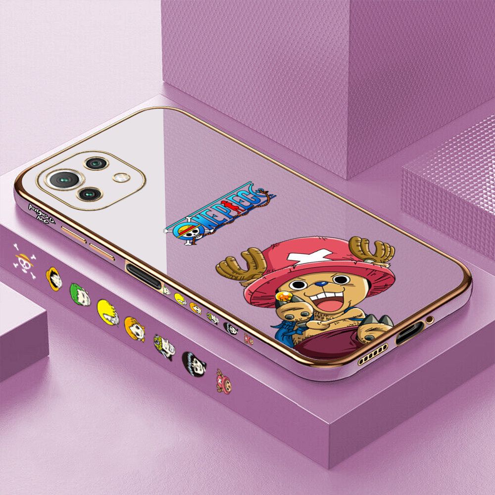 Luxury 6D Plating Case for Xiaomi 11 Lite 5G Cartoon Anime Choba Side Pattern Back Cover Soft Silicone Square Frame Shiny Bling Phone Cases + Free Lanyard