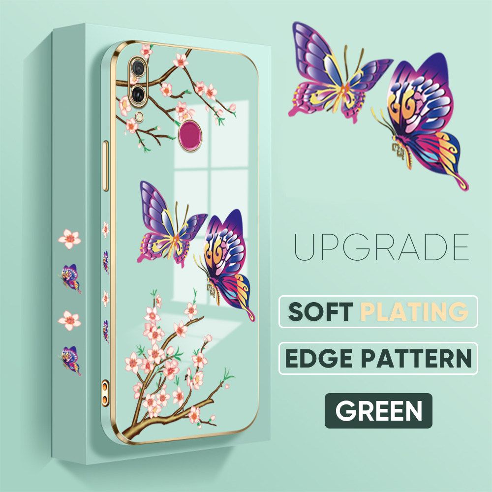 Jizetin (Free Lanyard) Huawei Y9 2019 Back Cover Peach Blossom and Butterfly Luxury 6D Plating Case Side Pattern Soft Silicone Square Mobile Phone Cases