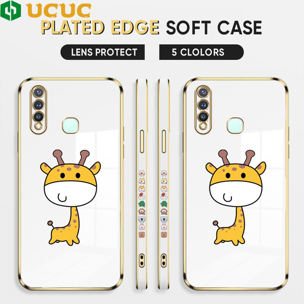 UCUC for Vivo Y19 Back Cover + Free Lanyard Big Head Giraffe Luxury 6D Plating Case Side Pattern Soft Silicone Square Phone Cases