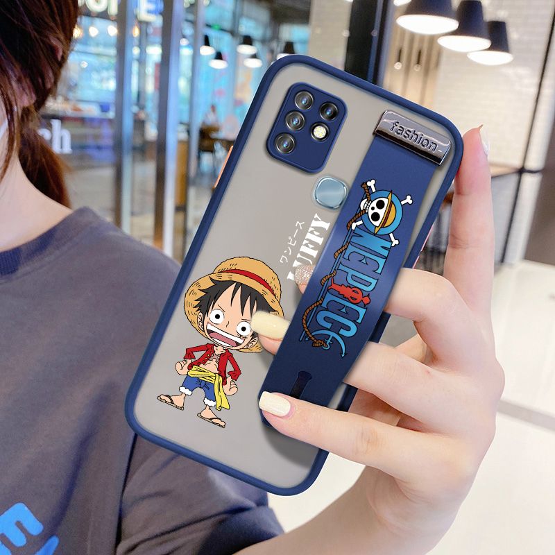 UCUC for Infinix Hot 10 Wrist Strap Case Anime One Piece Luffy Wristband Printing Cover Shockproof Frosted Phone Case