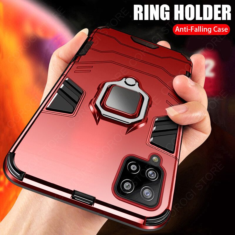 For Samsung Galaxy A12 Cover Military Grade Shockproof Armor Phone Case Metal Ring Stand Holder Magnetic Car Mount Hard Protective Back Cover