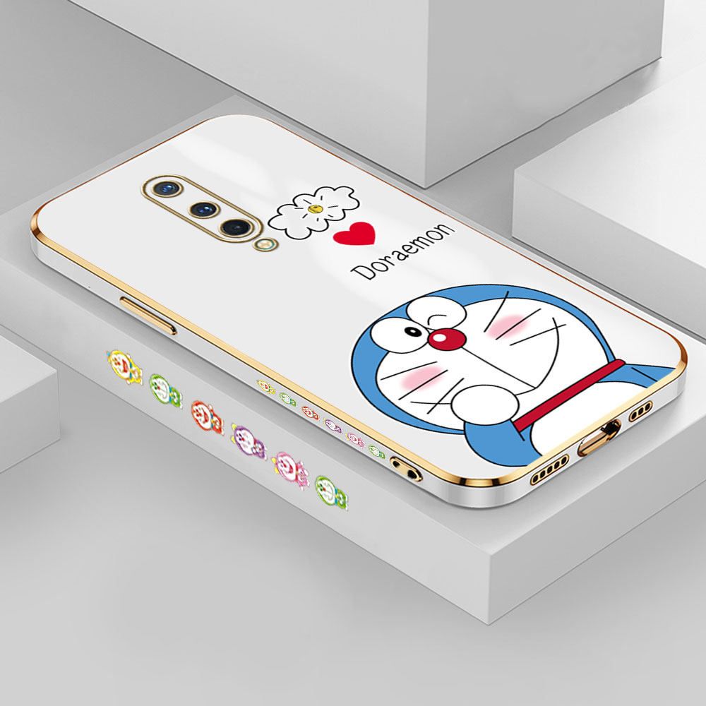 Hontinga for OnePlus 8 Back Cover + Free Lanyard Luxury 6D Plating Grinning Cartoon Cat Side Pattern Case Soft Silicone Square Mobile Cover
