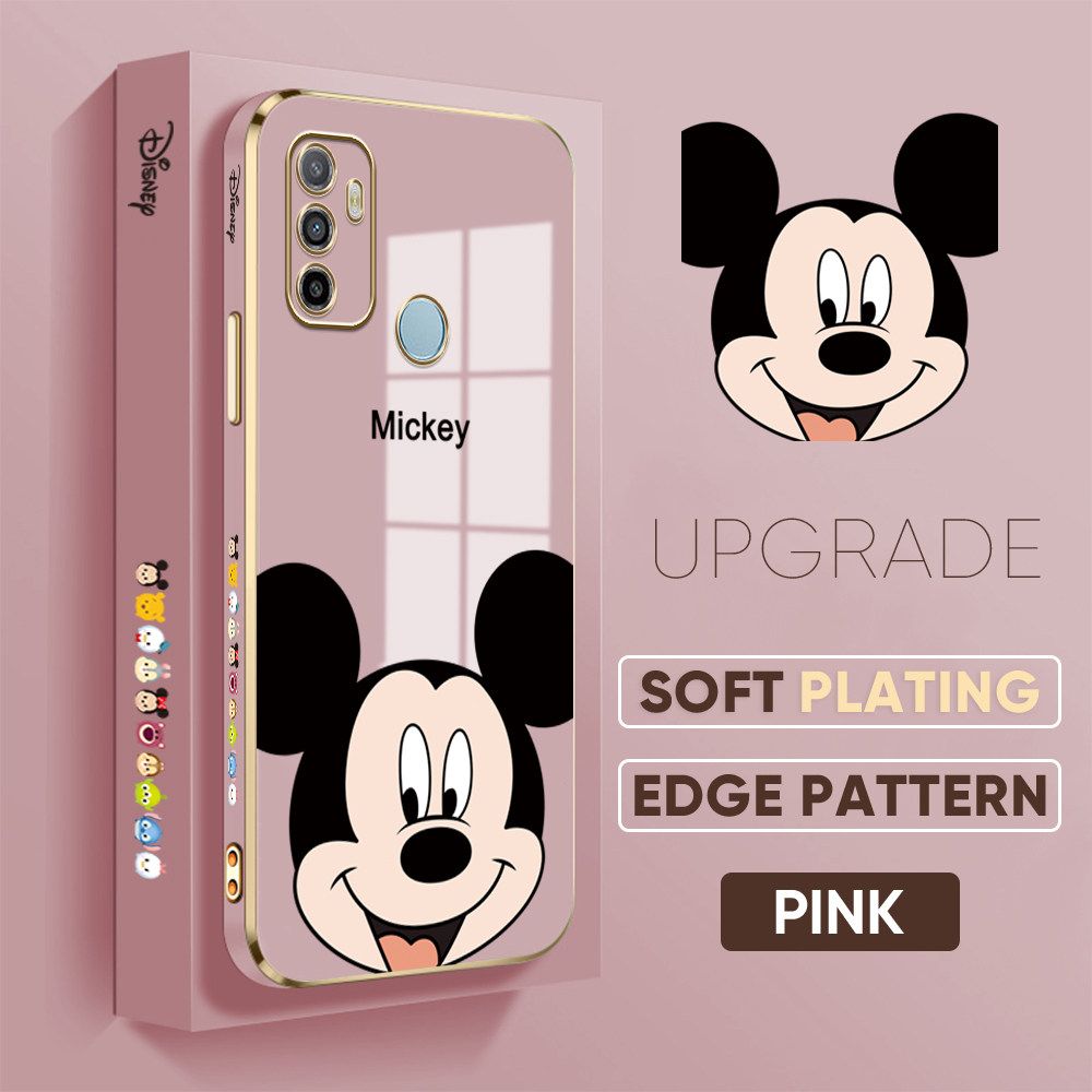Jizetin (Free Lanyard) OPPO A33 2020 Luxury 6D Plating Soft Casing Silicone Square Frame Phone Case Shiny Bling Back Cover Cartoon Big Head Mouse New design Side Drawing Case