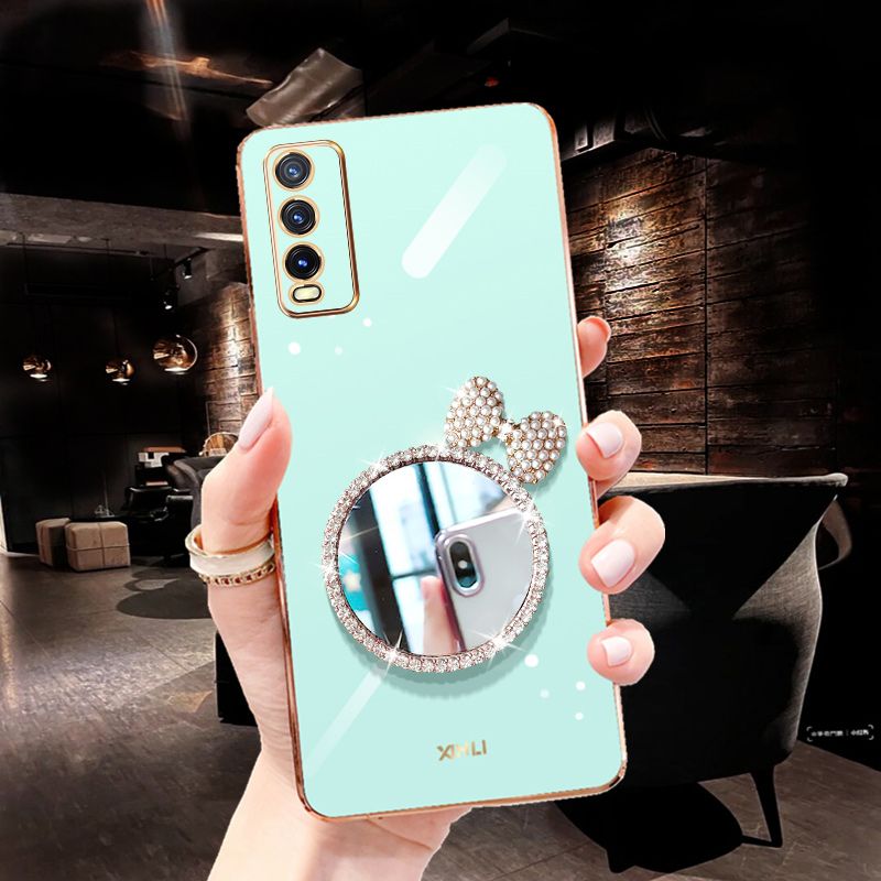For Vivo Y12S Back Cover + Bowknot Makeup Mirror Fashion Shiny Plating Square Bumper Bling Girls Phone Case Soft TPU Silicone Shockproof Back Cover
