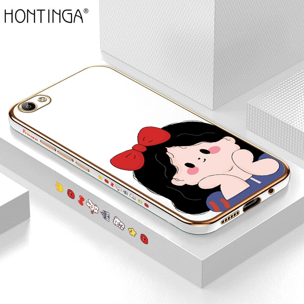 Hontinga for Vivo Y65 Luxury 6D Plating Soft Casing Silicone Square Frame Phone Case Shiny Bling Back Cover Cute Bow Cartoon Girl Case
