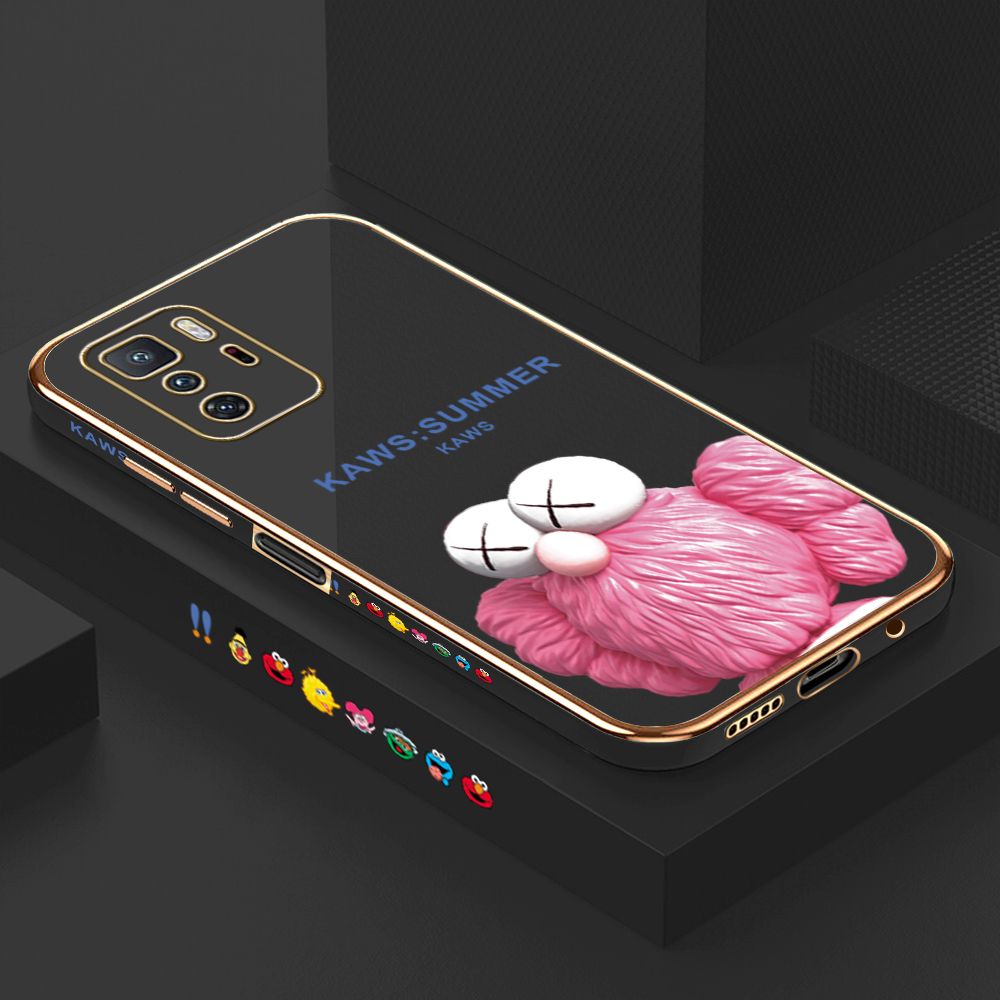 Luxury 6D Plating Case for Xiaomi Poco X3 GT Pink Doll Side Pattern Back Cover Soft Silicone Square Phone Cases + Free Lanyard