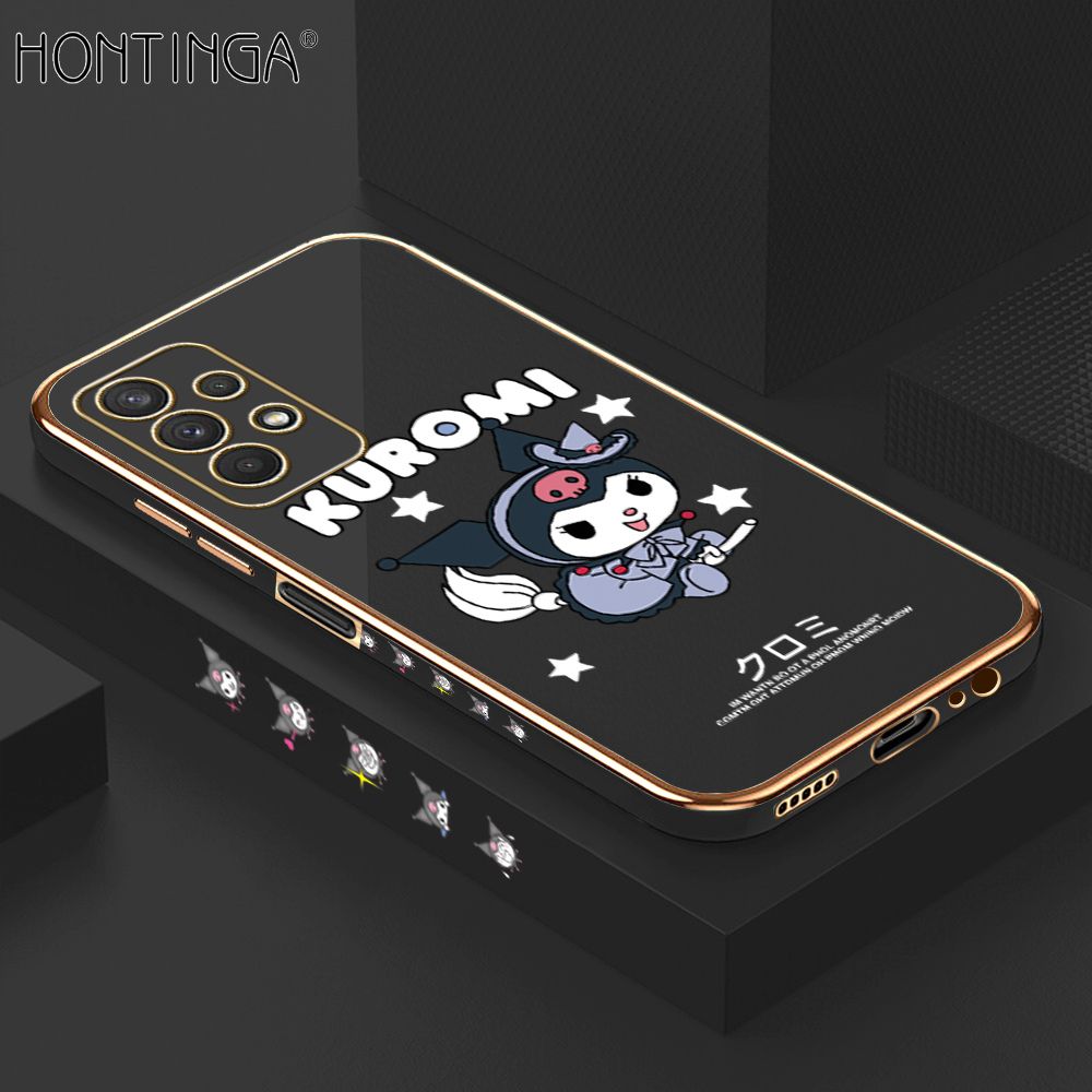Hontinga for Samsung A32 5G Case Luxury 6D Plating Cartoon Little Witch Side Pattern Soft Back Cover Silicone Square Phone Cases