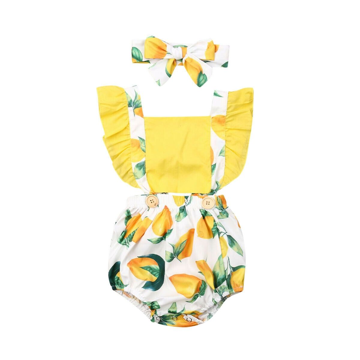 2019 Baby Summer Clothing Newborn Infant Baby Girl Floral Lemon Watermelon Bodysuit Ruffled Jumpsuit Headband Outfit Clothes