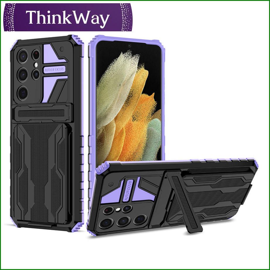 Case Card Slot Holder Lens Protect Casing Kickstand Shockproof Phone Back Cover For Samsung Note20 Ultra & Samsung S21