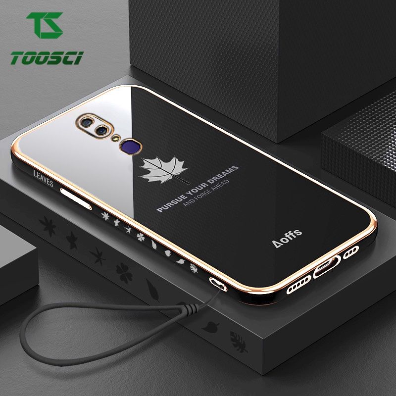 Toosci Maple Leaf Phone Case For OPPO A9/F11 Luxury Chrome Gold Plated Soft TPU Square Case + Lanyard