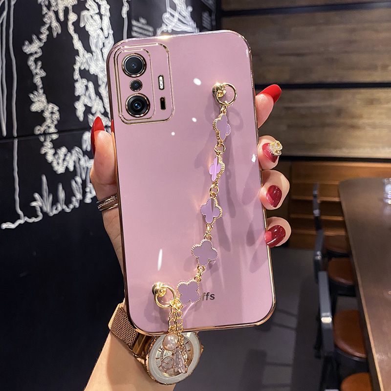 For Xiaomi 11T / 11T Pro Back Cover with Lucky Clover Wristband Chain Fashion Bracelet Shiny Plating Square Edge Bumper Phone Case Soft Silicone Bumper Protective Cover