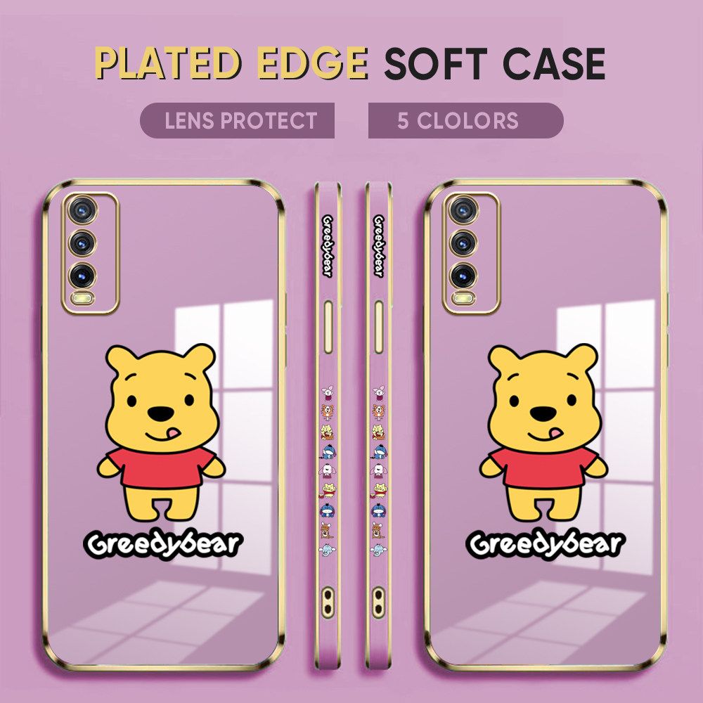 Luxury 6D Plating Case for Vivo Y20 2021 Phone Cases Squirming Bear Side Print Soft Silicone Square Back Cover
