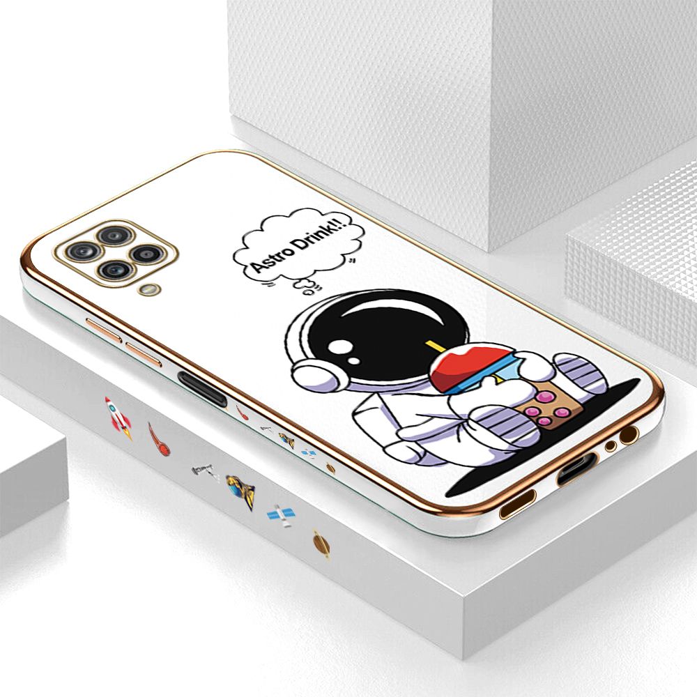 Luxury 6D Plating Case for Samsung M12 A12 4G/5G Cute Cartoon Happy Astronaut Side Pattern Back Cover Soft Silicone Square Phone Cases + Free Lanyard