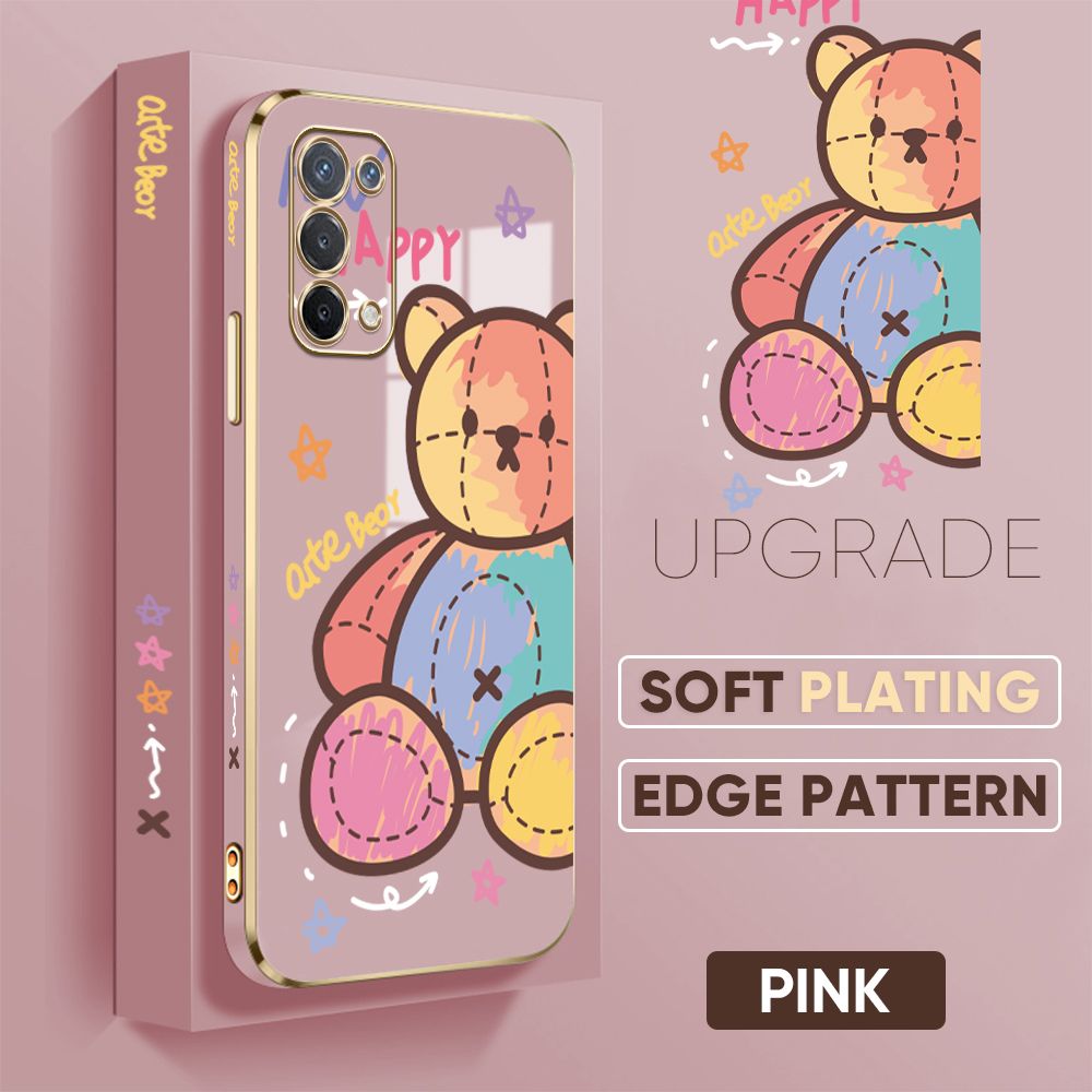 Jizetin (Free Lanyard) OPPO A74 5G Cover Color Doll Luxury 6D Plating Soft Casing Silicone Square Frame Phone Case Shiny Bling Back Cover