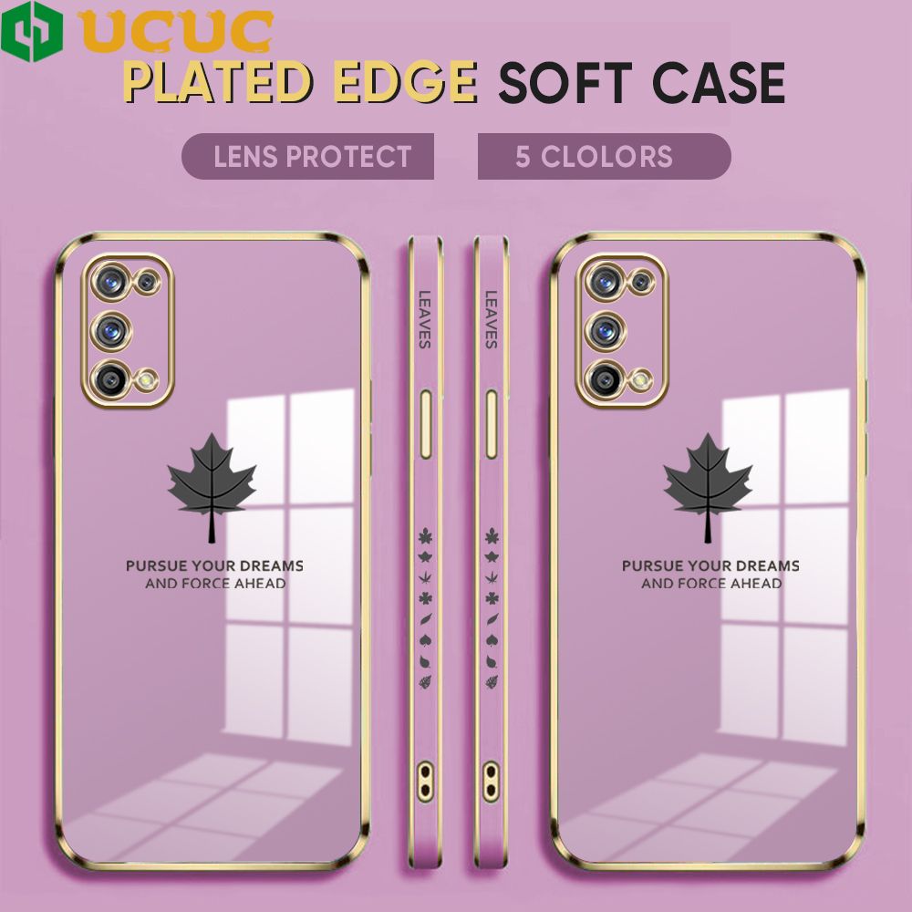 UCUC for Realme 7 Pro Back Cover + Free Lanyard Maple Leaf Luxury 6D Plating Case Side Pattern Soft Silicone Square Phone Cases