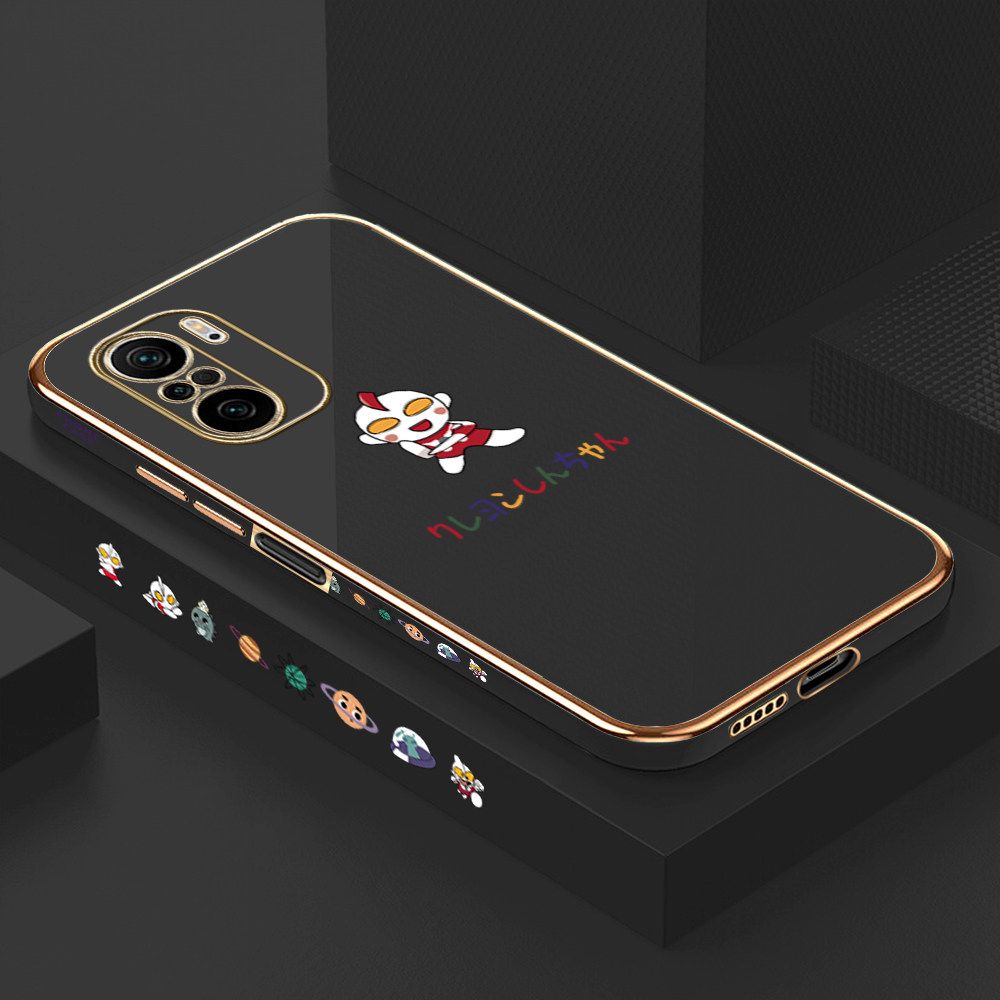 Luxury 6D Plating Case for Redmi K40 Cute Cartoon Side Pattern Back Cover Soft Silicone Square Frame Shiny Bling Phone Cases + Free Lanyard