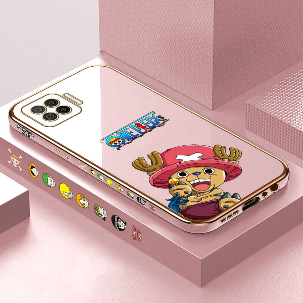 Luxury 6D Plating Case for OPPO F17 A73 2020 Cute Choba Side Pattern Back Cover Soft Silicone Square Phone Cases + Free Lanyard