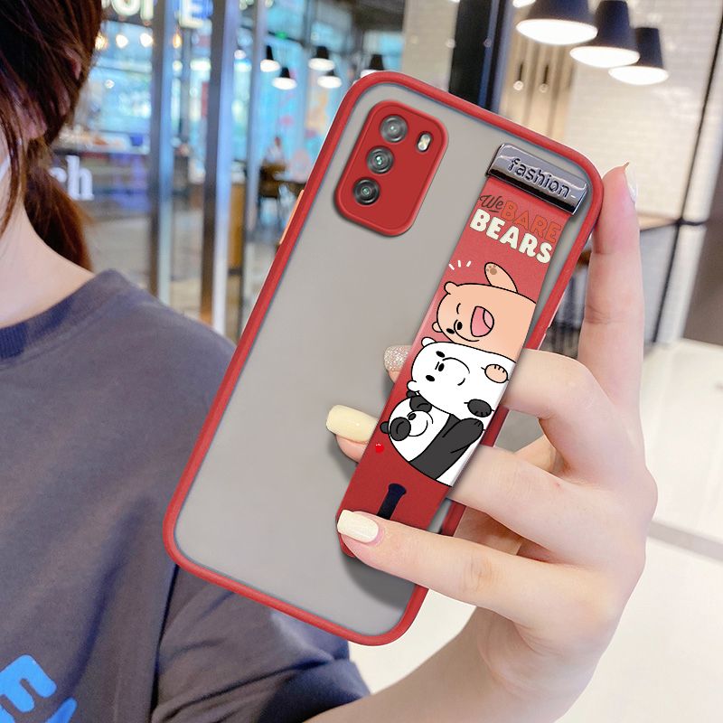 UCUC for Xiaomi POCO M3 Wrist Strap Case Cute Cartoon Three Little Bears Wristband Printing Cover Shockproof Frosted Phone Case