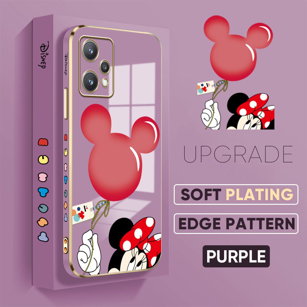 Jizetin (Free Lanyard) Realme 9 Pro Back Cover Red Mouse Balloon Luxury 6D Plating Case Side Pattern Soft Silicone Square Mobile Phone Cases