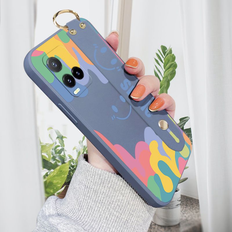 ZeroQiQi for Vivo Y33S Wrist Strap Case Soft Candy Color Splash Ink Cover Trend Square Printed Pattern Liquid Silicone Phone Case