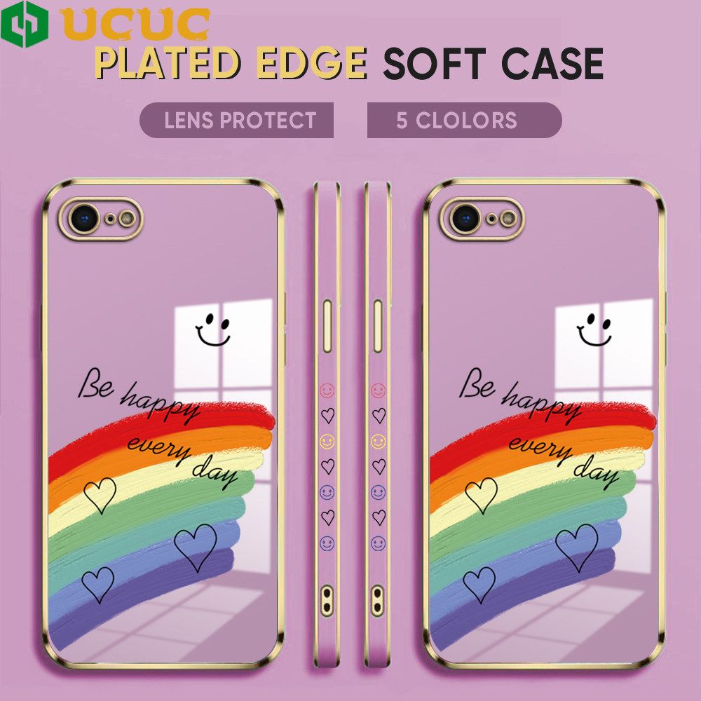 UCUC for iPhone 7 8 SE 2020 SE 2022 Back Cover + Free Lanyard Rainbow Doodle Luxury 6D Plating Case Side Pattern Soft Silicone Square Phone Cases