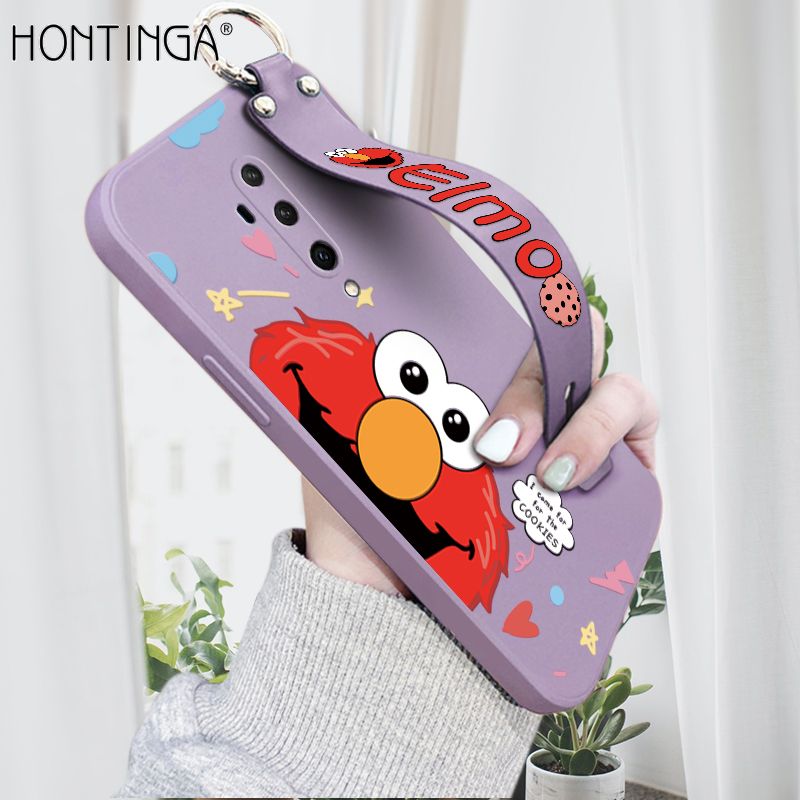 Hontinga for OnePlus 7T Pro Wrist Strap Case Cute Cute Cartoon Little Monster Phone Cover Square Edge Liquid Silicone Case Full Cover Camera Shockproof Protective Cases