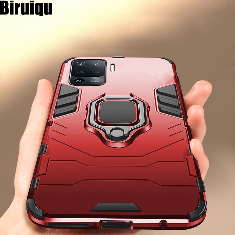 Biruiqu For OPPO F19 Pro Soft TPU+Hard PC Black Panther Shockproof Slim Protective Case Cover with Kickstand