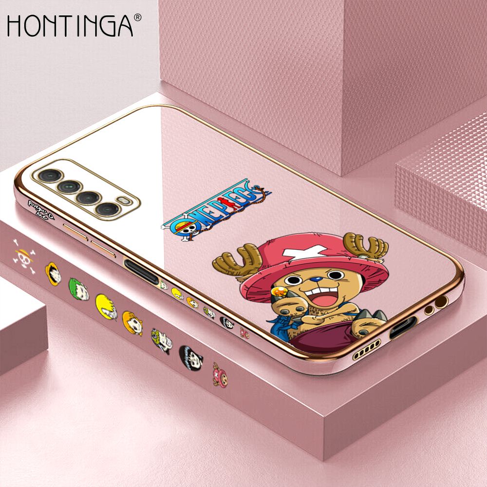 Hontinga for Huawei Y7A Back Cover + Free Lanyard Luxury 6D Plating Cute Cartoon Choba Side Pattern Case Soft Silicone Square Mobile Cover