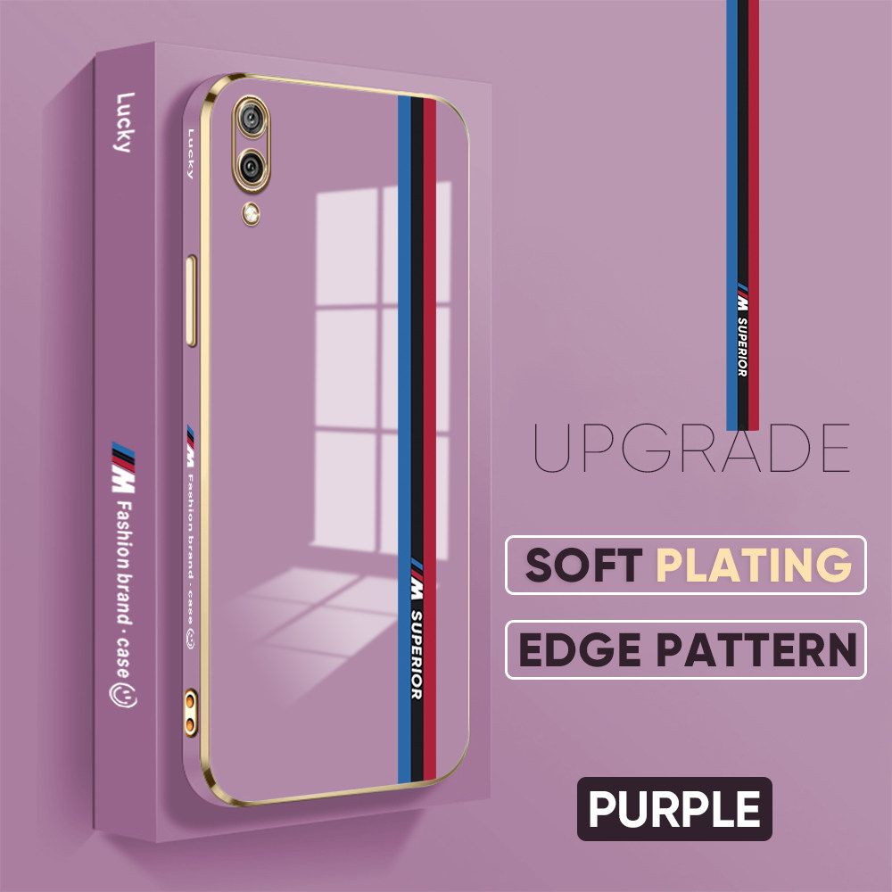 Jizetin (Free Lanyard) Huawei Y7 Pro 2019 Back Cover Car Track Luxury 6D Plating Case Side Pattern Soft Silicone Square Mobile Phone Cases