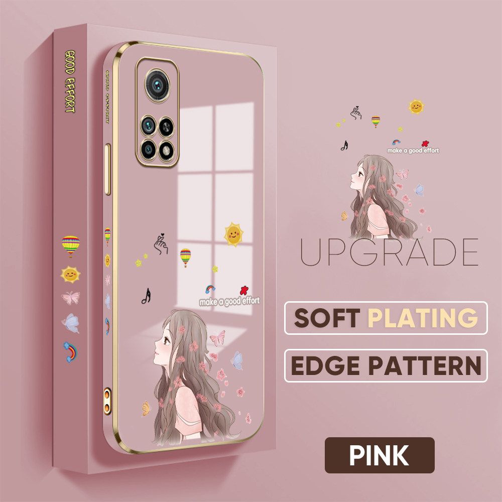 TA for Xiaomi Mi 10T / 10T Pro Back Cover + Free Lanyard Charming Girl Luxury 6D Plating Case Side Pattern Soft Silicone Square Phone Cases