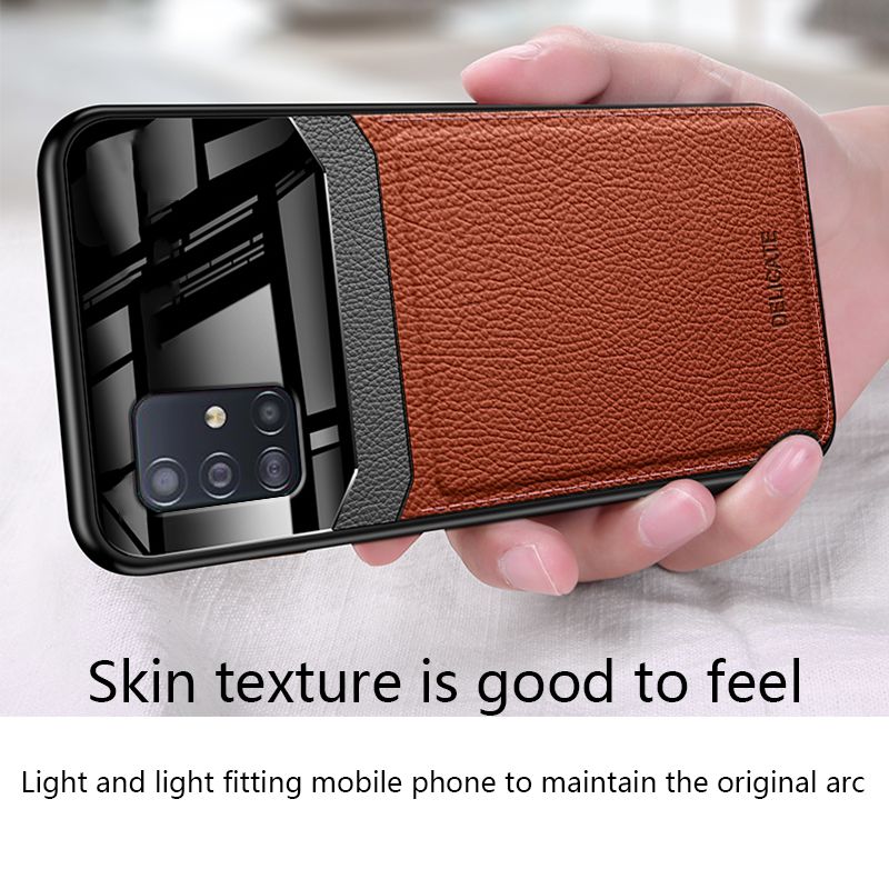 Biruiqu For Samsung Galaxy A51 Hybrid Soft TPU Leather Tempered Glass Shockproof Case Cover