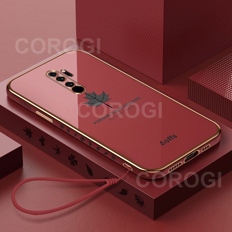 For Xiaomi Redmi 9 Cover + Wrist Strap Fashion Shiny Maple leaf Plating Square Bumper Phone Case Soft TPU Silicone Shockproof Protective Back Cover