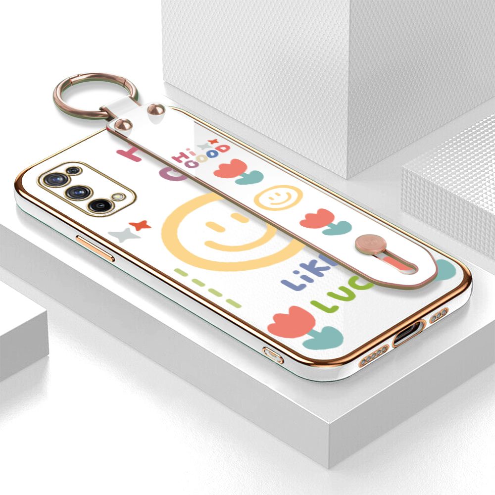 ZeroQiQi for Realme X7 Wrist Strap Back Cover Flower Smiley Fashion Luxury 6D Plating Soft Casing Silicone Square Frame Phone Case