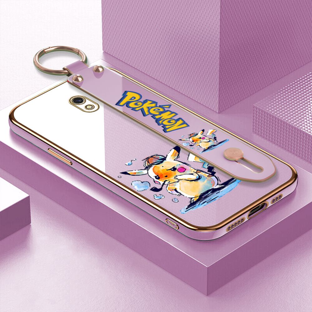 UCUC for Redmi 8A Wrist Strap Back Cover + Free Lanyard Pikachu Fashion Luxury 6D Plating Soft Casing Silicone Square Frame Phone Case