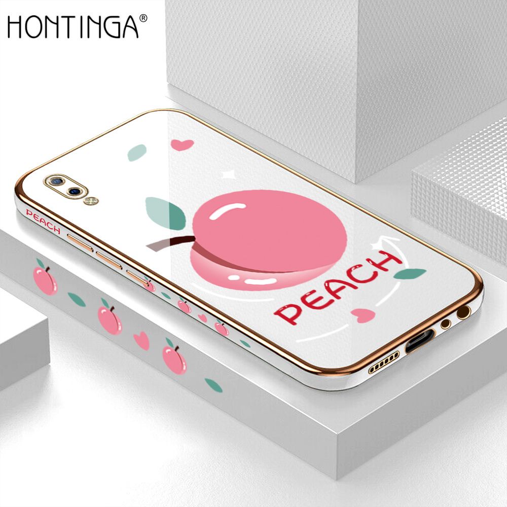 Hontinga for Vivo Y93 Case Luxury 6D Plating Soft Casing Silicone Square Frame Phone Cover Shiny Bling Side Print Cartoon Simple Peach Cases