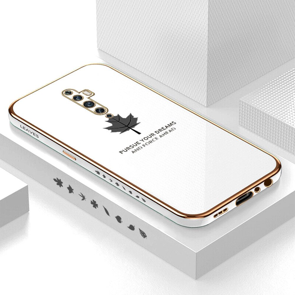 Luxury 6D Plating Soft Casing Silicone Square Frame Phone Case For OPPO Reno2 F Case Shiny Bling Back Cover New Maple Leaf Square Edge Pattern Design Soft Case + Free Lanyard