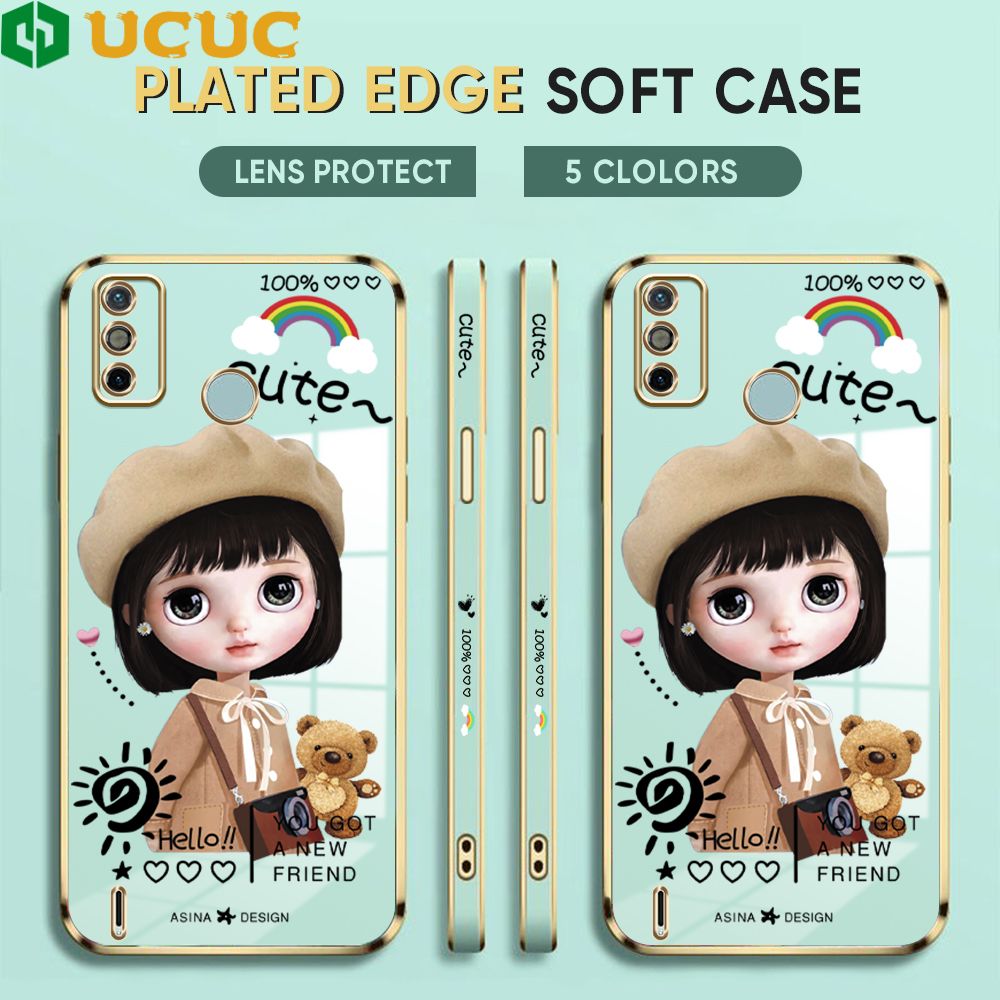 UCUC for Tecno Spark 6 Go / Tecno Spark Go 2020 Back Cover + Free Lanyard Sunshine Girl Luxury 6D Plating Case Side Pattern Soft Silicone Square Phone Cases