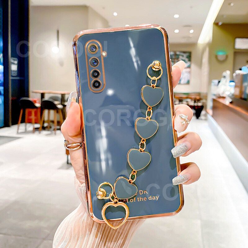 For Realme XT Back Cover with Love Heart Chain Wrist Strap Fashion Bracelet Shiny Plating Bumper Protective Case Silicone Shockproof Mobile Phone Cases