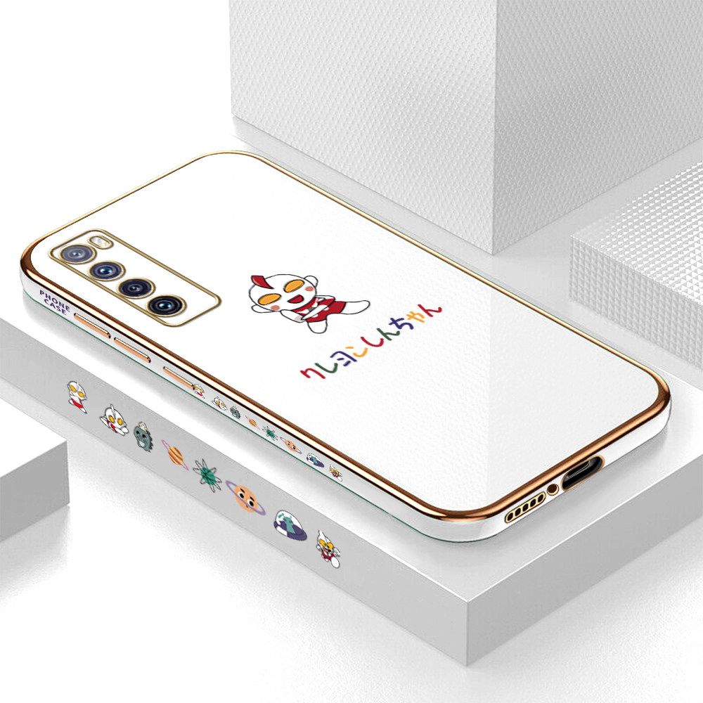 Luxury 6D Plating Case for Huawei Nova 7 Cute Cartoon Side Pattern Back Cover Soft Silicone Square Frame Shiny Bling Phone Cases + Free Lanyard