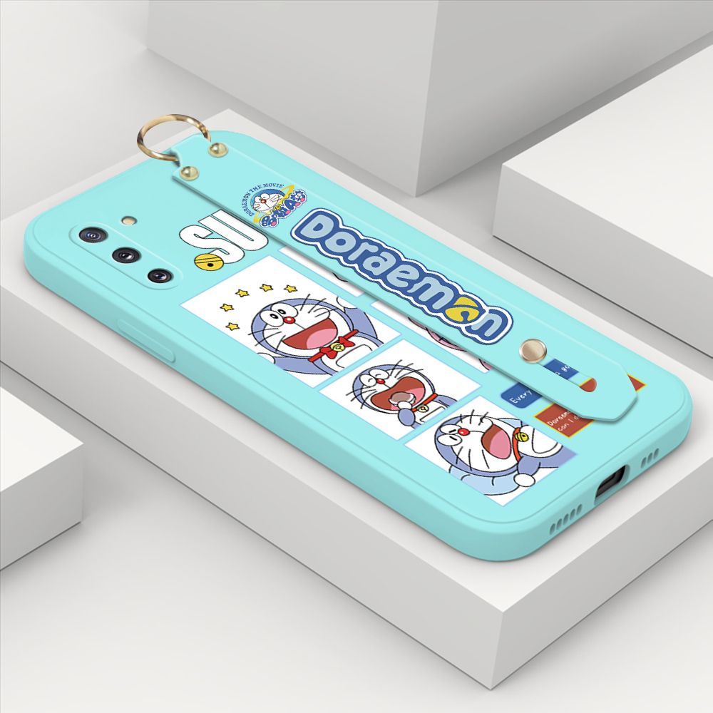 ZeroQiQi for Samsung Galaxy Note 10 Wrist Strap Case Cute Cute Cartoon Blue Cat Daily Life Cover Square Edge Liquid Silicone Creative Phone Protective Cases